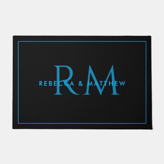 Modern Minimalist Blue Black Couple Monogram ドアマット (正面)
