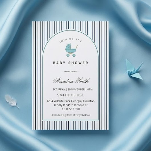 Modern & Minimalist Blue Stripes Stroller Baby Boy 招待状