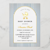 Modern & Minimalist Blue Stripes Stroller Baby Boy 箔招待状 (正面)
