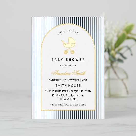 Modern & Minimalist Blue Stripes Stroller Baby Boy 箔招待状 (立ち正面)