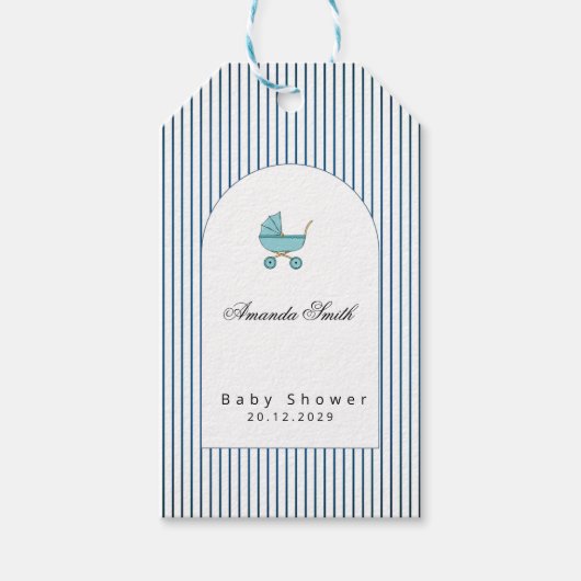 Modern & Minimalist Blue Stroller Baby Shower ギフトタグ (正面)