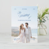 Modern Minimalist Blue & White Photo Wedding 招待状 (スタンド正面)