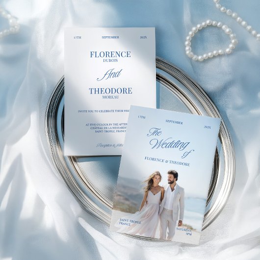Modern Minimalist Blue & White Photo Wedding 招待状