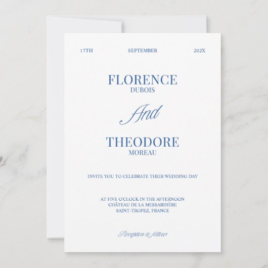 Modern Minimalist Blue & White Wedding 招待状 (裏面)