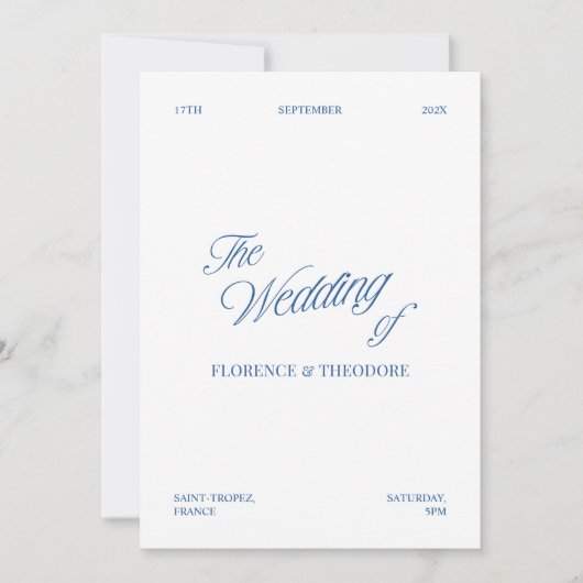 Modern Minimalist Blue & White Wedding 招待状 (正面)