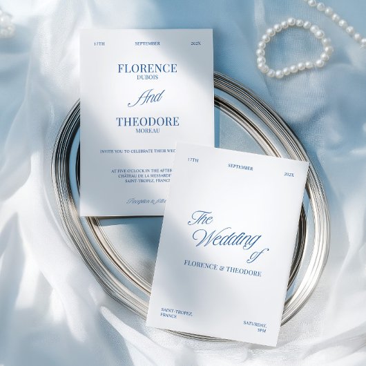 Modern Minimalist Blue & White Wedding 招待状