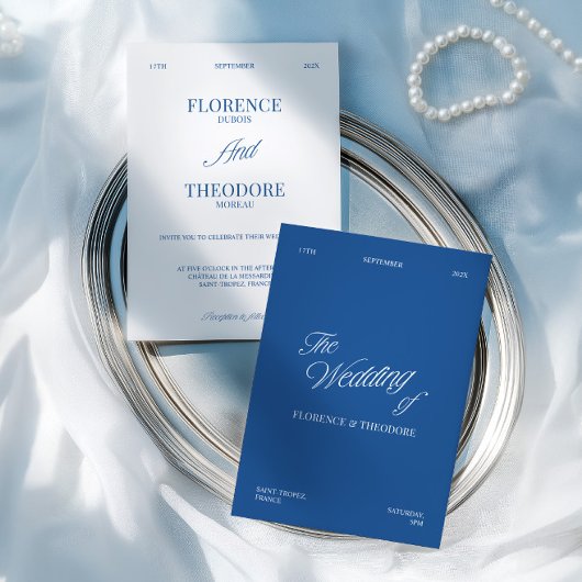Modern Minimalist Blue & White Wedding 招待状