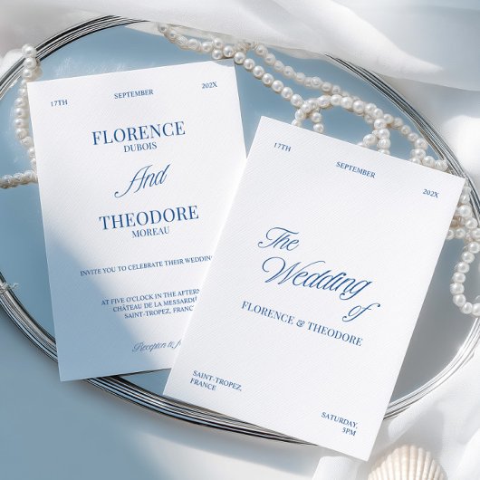 Modern Minimalist Blue & White Wedding 招待状