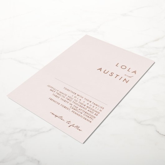 Modern Minimalist Blush And Rose Gold Wedding Real 箔招待状 (回転した状態)