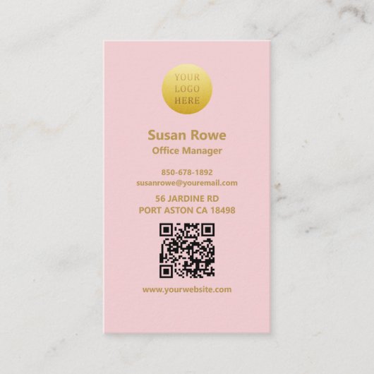 Modern Minimalist Blush Pink and Gold QR Code 名刺 (正面)