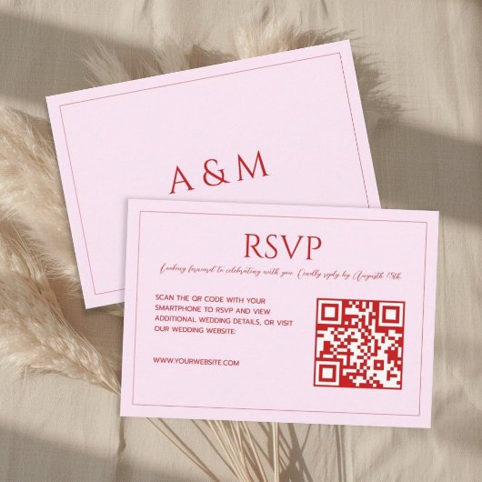 Modern minimalist blush pink red QR code wedding 出欠カード