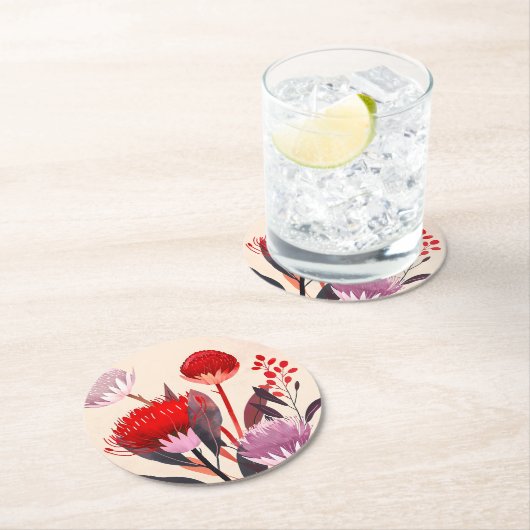 Modern Minimalist Boho Floral Botanical ラウンドペーパーコースター (インサイチュ)