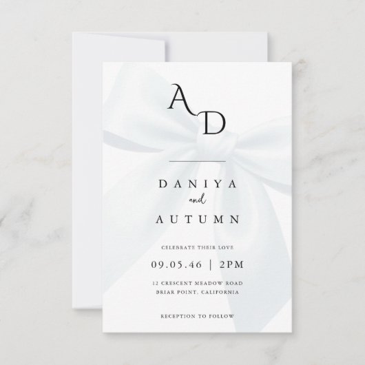 Modern Minimalist Bow Black & White Wedding 招待状 (正面)