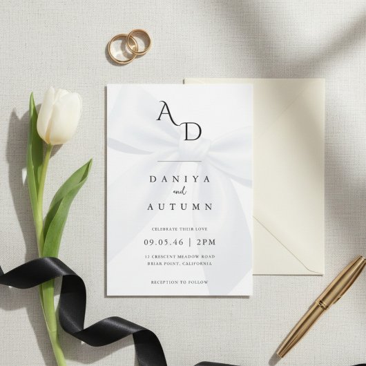 Modern Minimalist Bow Black & White Wedding 招待状