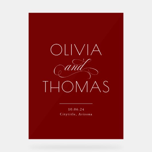 Modern Minimalist Burgundy Red Wedding Welcome アクリルサイン (正面)