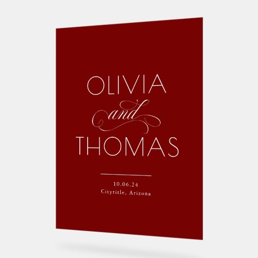 Modern Minimalist Burgundy Red Wedding Welcome アクリルサイン (傾斜)