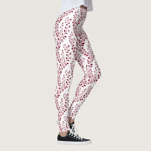 Modern Minimalist Burgundy Red White Floral  レギンス (右)