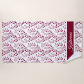 Modern Minimalist Burgundy Red White Floral Script ビーチタオル (正面)