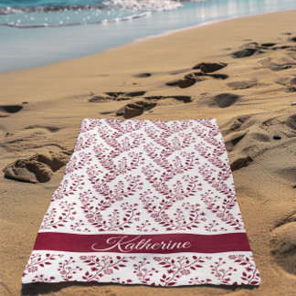 Modern Minimalist Burgundy Red White Floral Script ビーチタオル