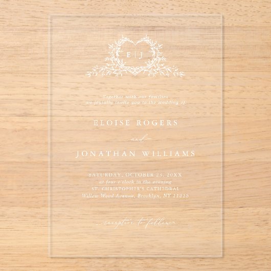 Modern Minimalist Calligraphy Crest monogram Chic アクリル招待状 (正面)