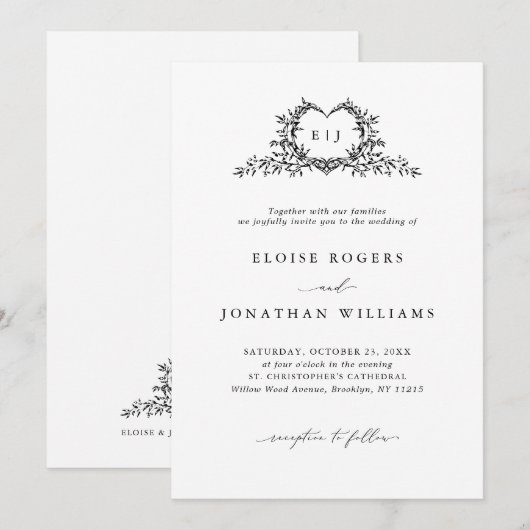 Modern Minimalist Chic Calligraphy Crest Wedding   招待状 (正面/裏面)