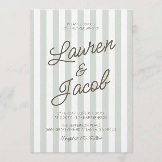 Modern Minimalist Coastal Green Stripes Wedding 招待状 (正面)