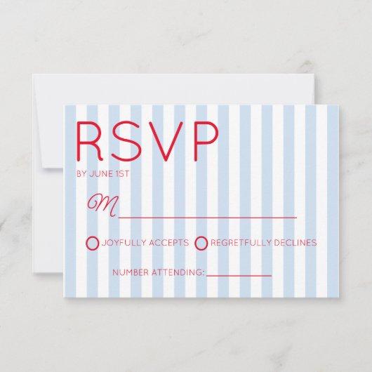 Modern Minimalist Coastal Red Blue Stripes Wedding 出欠カード (正面)