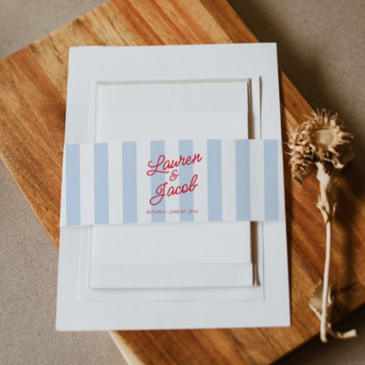 Modern Minimalist Coastal Red Blue Stripes Wedding 招待状ベリーバンド