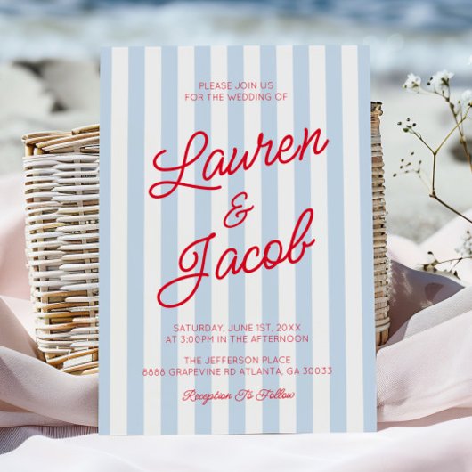 Modern Minimalist Coastal Red Blue Stripes Wedding 招待状
