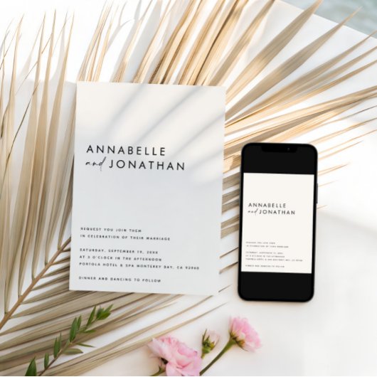 Modern Minimalist Cream & Black Script Wedding  招待状