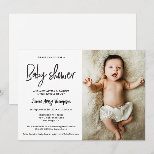 Modern Minimalist Custom Photo Baby Shower 招待状 (正面/裏面)