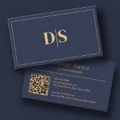 Modern Minimalist Dark Blue Initials QR Code 名刺