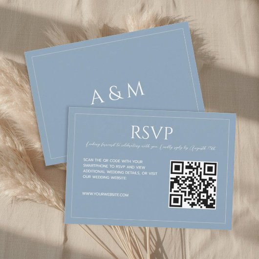 Modern minimalist dusty blue QR code wedding  出欠カード