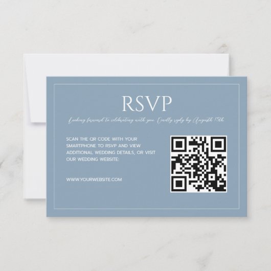 Modern minimalist dusty blue QR code wedding  出欠カード (正面)