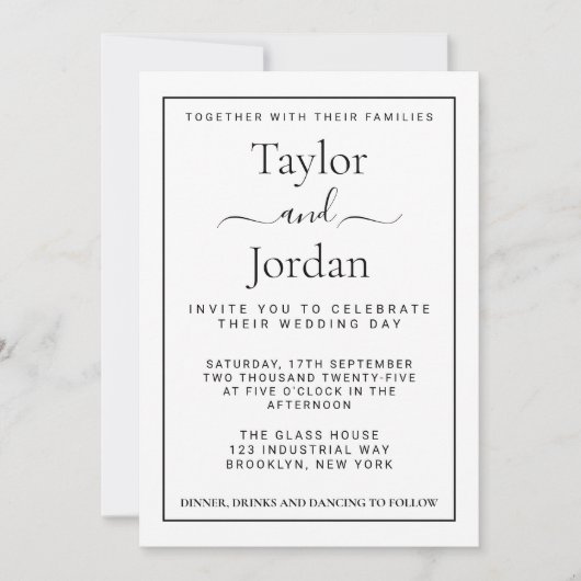 Modern Minimalist Elegant Black and White Script  招待状 (正面)