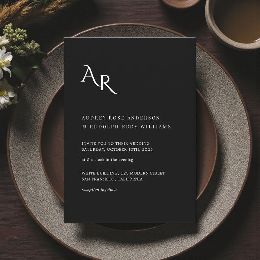 Modern Minimalist Elegant Black White Wedding 招待状