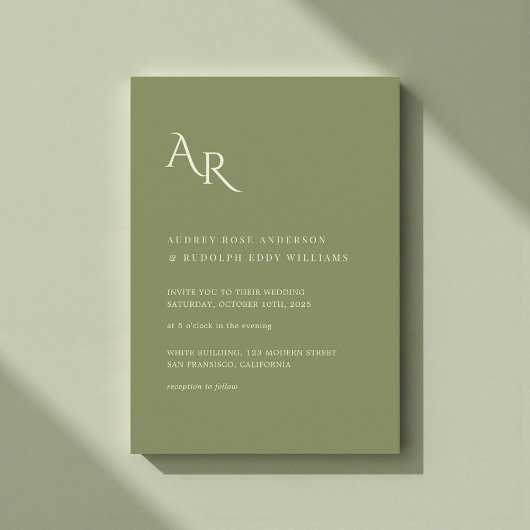 Modern Minimalist Elegant Green Cream Wedding 招待状