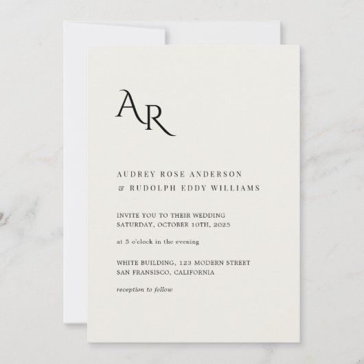 Modern Minimalist Elegant Ivory Black Wedding 招待状 (正面)
