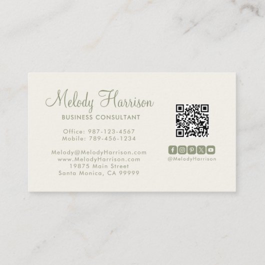 Modern Minimalist Elegant Sage Green QR Code 名刺 (裏面)