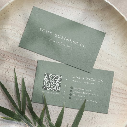 Modern Minimalist Elegant Sage Green QR Code 名刺