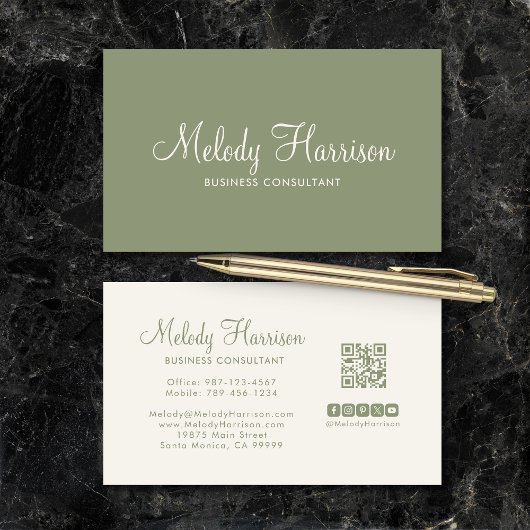 Modern Minimalist Elegant Sage Green QR Code 名刺