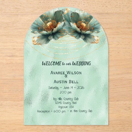 Modern Minimalist Emerald and White Wedding アクリル招待状 (正面)