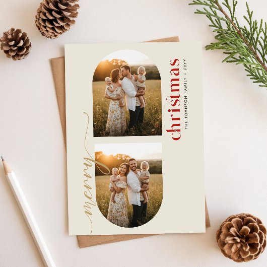 Modern Minimalist Family Christmas Arched 3 Photo シーズンカード