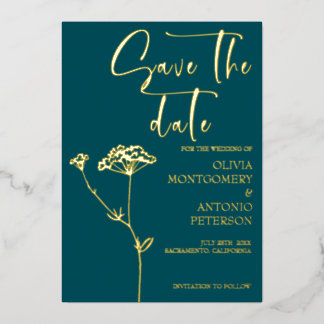 Modern Minimalist Floral Teal Save the date 箔招待状