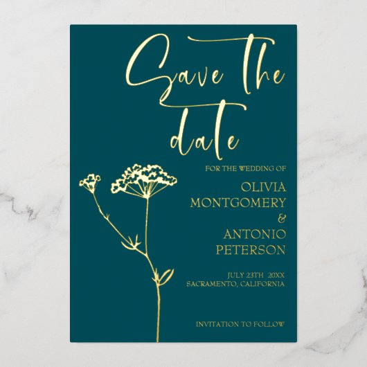 Modern Minimalist Floral Teal Save the date 箔招待状 (正面)