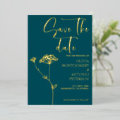 Modern Minimalist Floral Teal Save the date 箔招待状 (立ち正面)