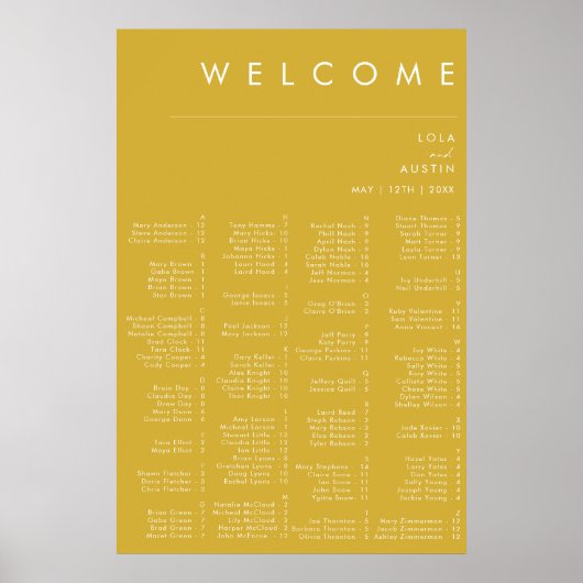 Modern Minimalist Gold Alphabetical Seating Chart ポスター (正面)