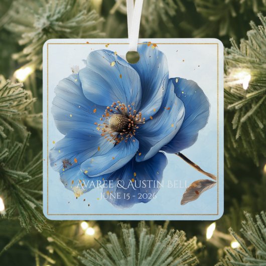 Modern Minimalist Gold and Blue Poppy Ornament メタルオーナメント (インサイチュ)