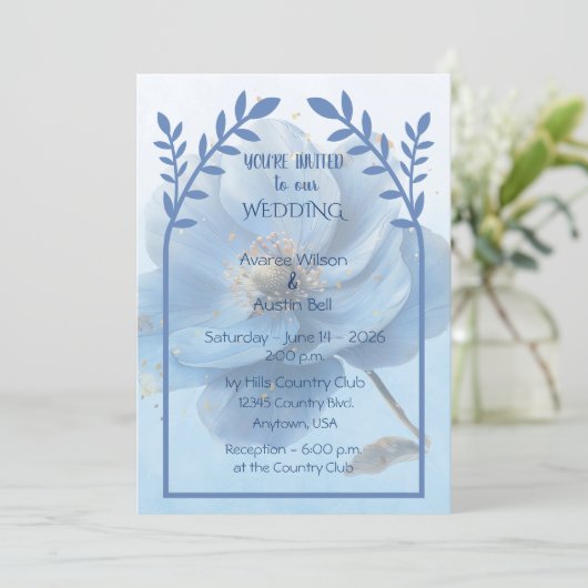 Modern Minimalist Gold and Blue Poppy Wedding   招待状 (スタンド正面)