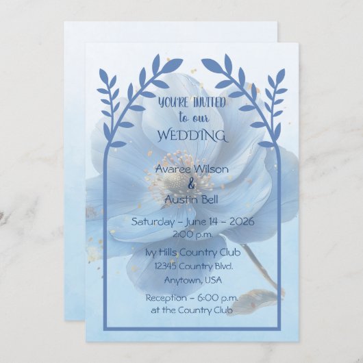 Modern Minimalist Gold and Blue Poppy Wedding 招待状 (正面/裏面)